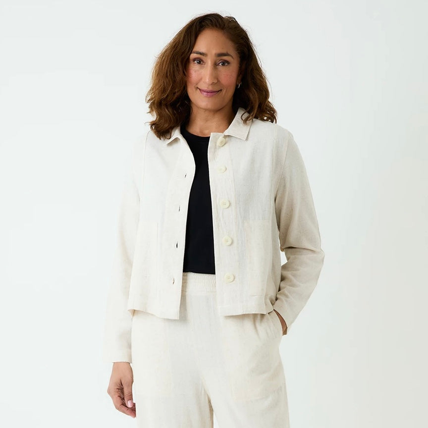 Linen Mix Patch Pocket Crop Jacket - Natural image 0