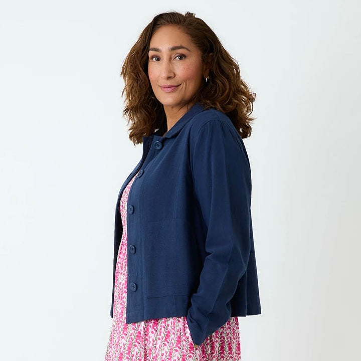 Linen Mix Patch Pocket Crop Jacket - Navy image 1