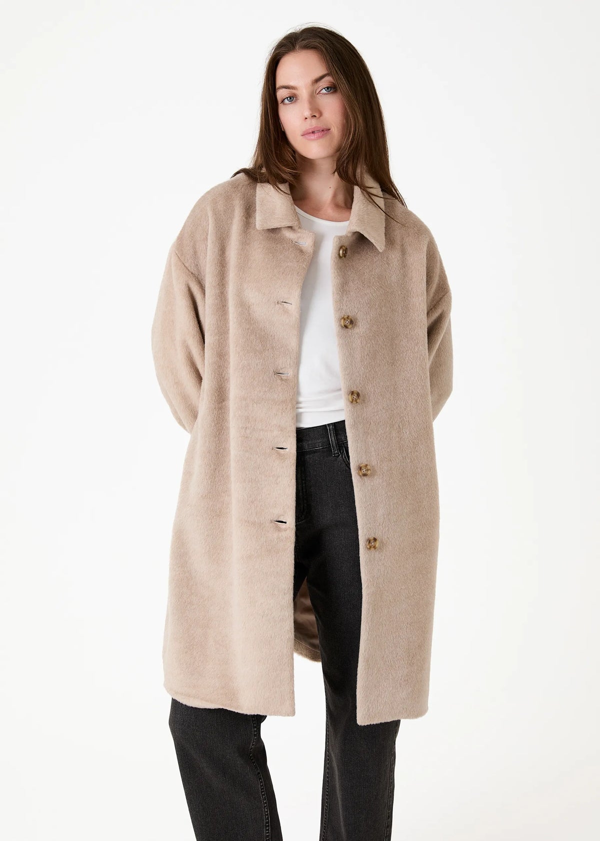 Alpaca Blend Drop Shoulder Collar Coat - Mink