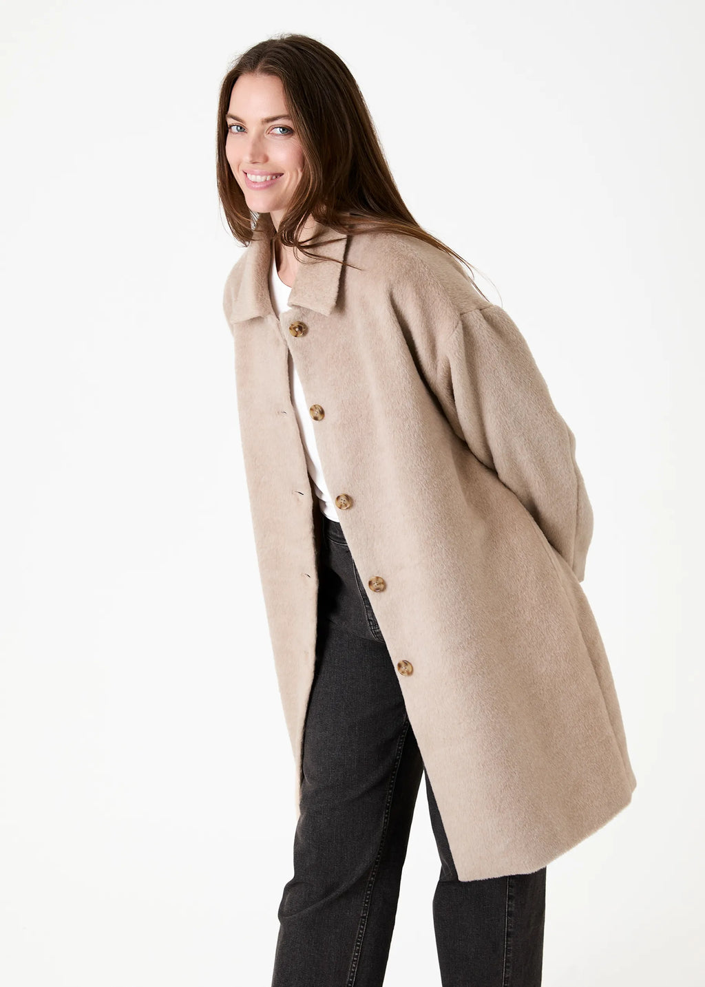 Alpaca Blend Drop Shoulder Collar Coat - Mink