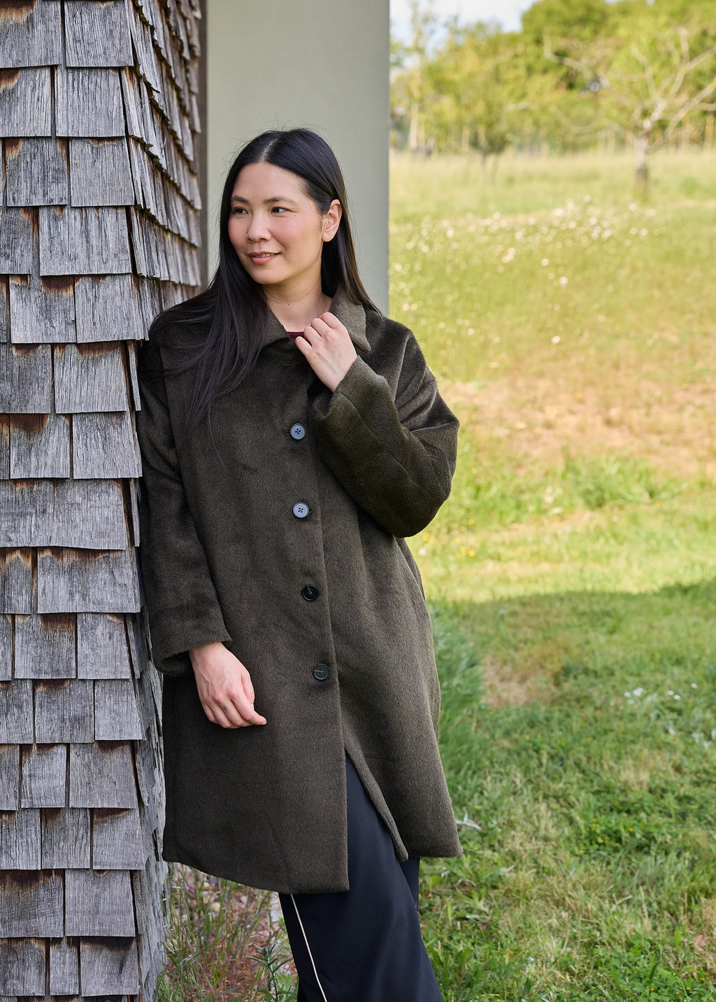 Alpaca Blend Drop Shoulder Collar Coat - Olive