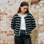 Boxy Crew Neck Stripe Cardigan - Chocolate/Blue