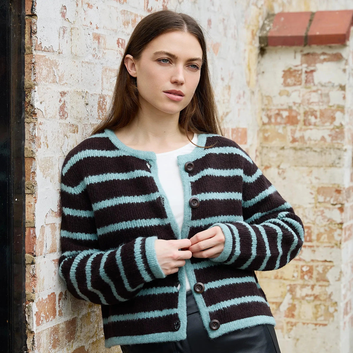 Boxy Crew Neck Stripe Cardigan - Chocolate/Blue