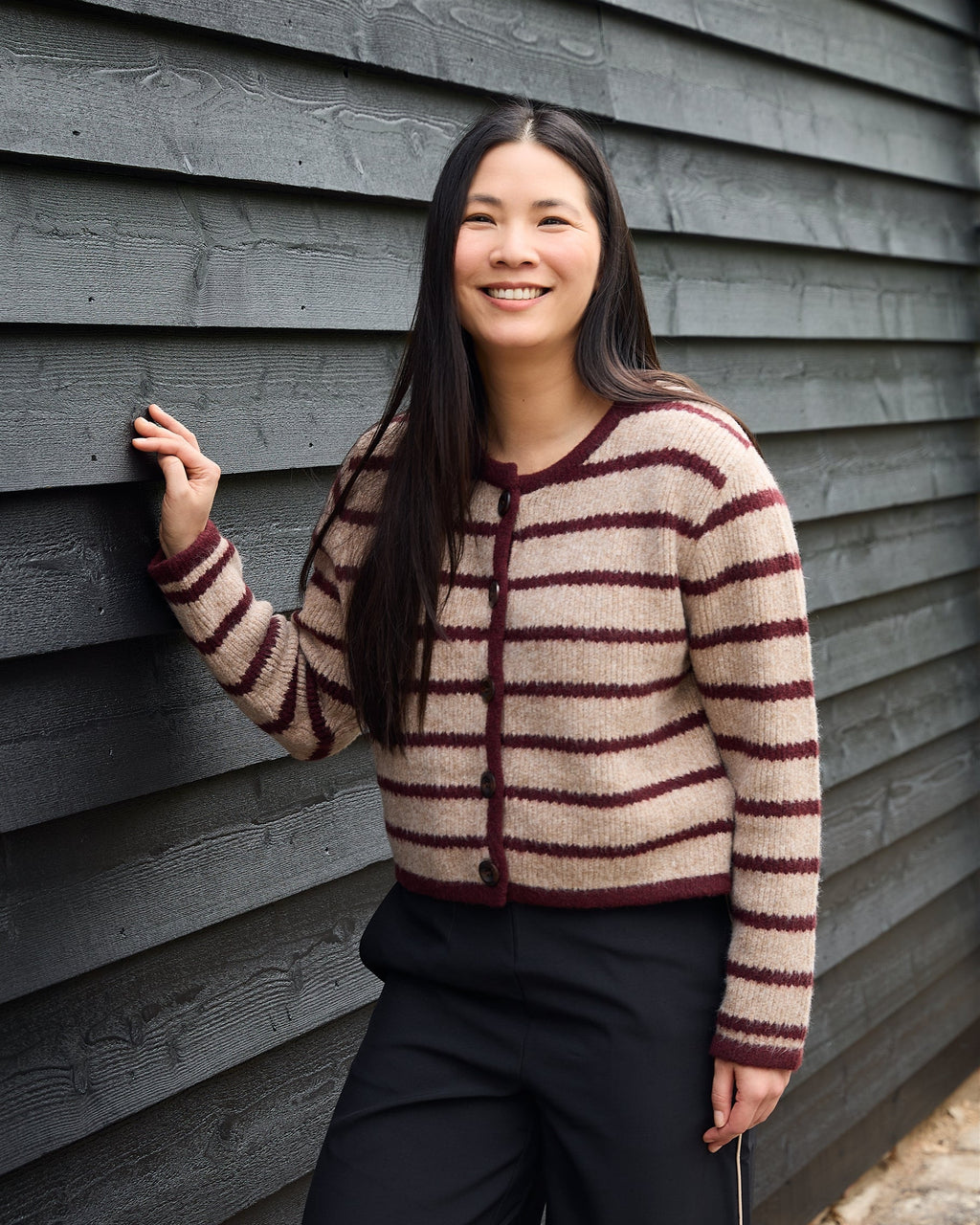 Boxy Crew Neck Stripe Cardigan - Mink/Burgundy