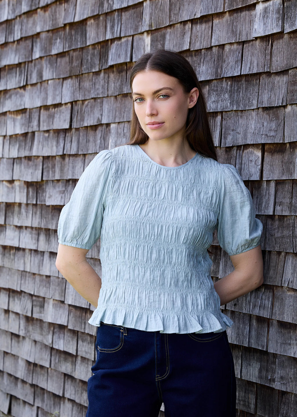 Textured Shirred Bodice Top - Sea Spray