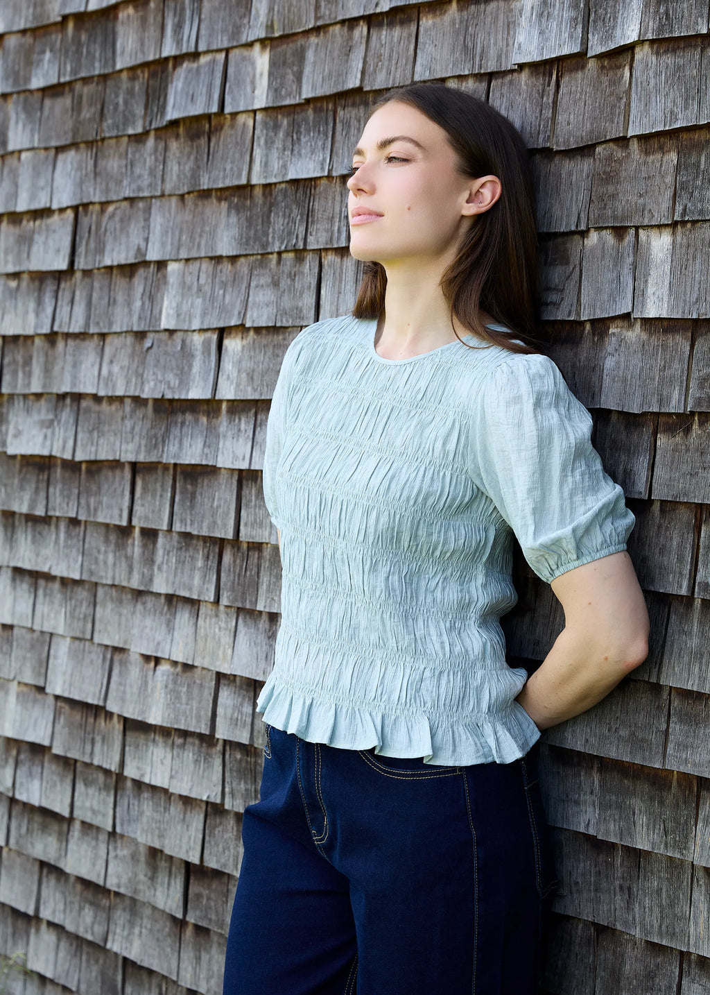 Textured Shirred Bodice Top - Sea Spray