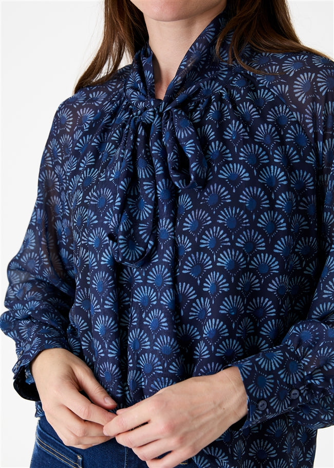 Fan Print Tie Neck Blouse - Navy