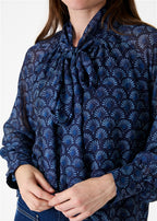 Fan Print Tie Neck Blouse - Navy