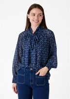 Fan Print Tie Neck Blouse - Navy