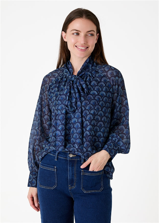Fan Print Tie Neck Blouse - Navy