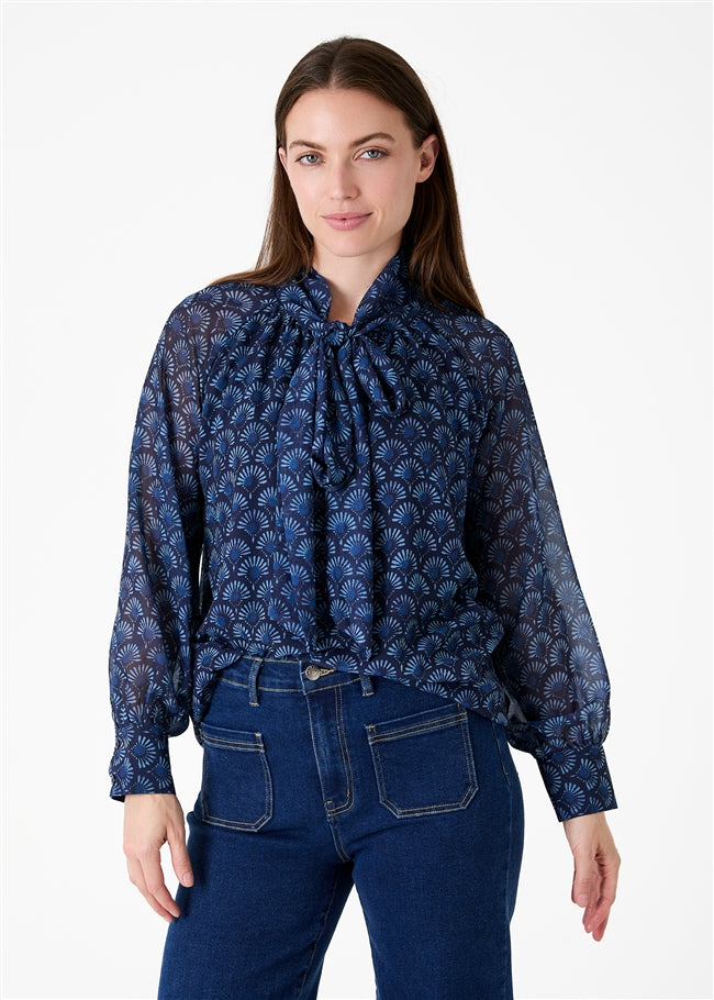 Fan Print Tie Neck Blouse - Navy
