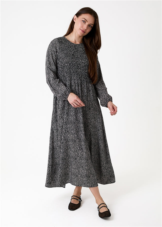 Cobbled Spot Shirring Dress - Black