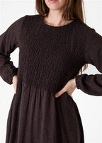 Cobbled Spot Shirring Dress - Chocolate