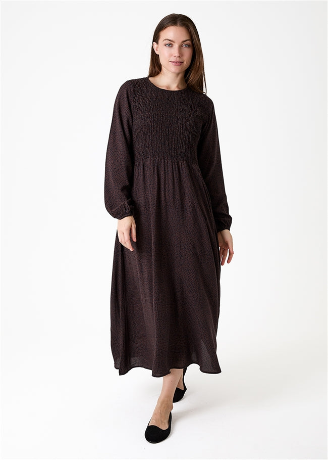 Cobbled Spot Shirring Dress - Chocolate