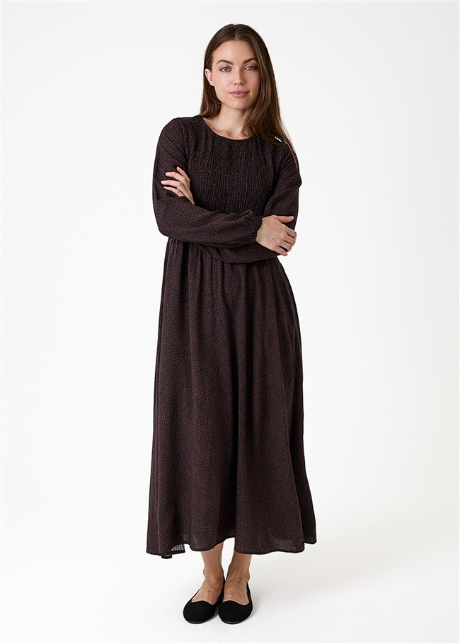 Cobbled Spot Shirring Dress - Chocolate