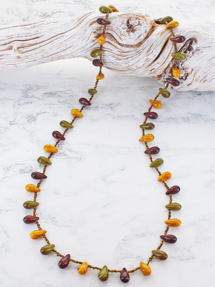 Long Glass Bead Necklace - Olive/Mustard