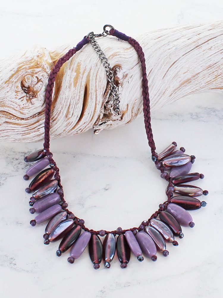 Glass Bead Fan Necklace - Purple