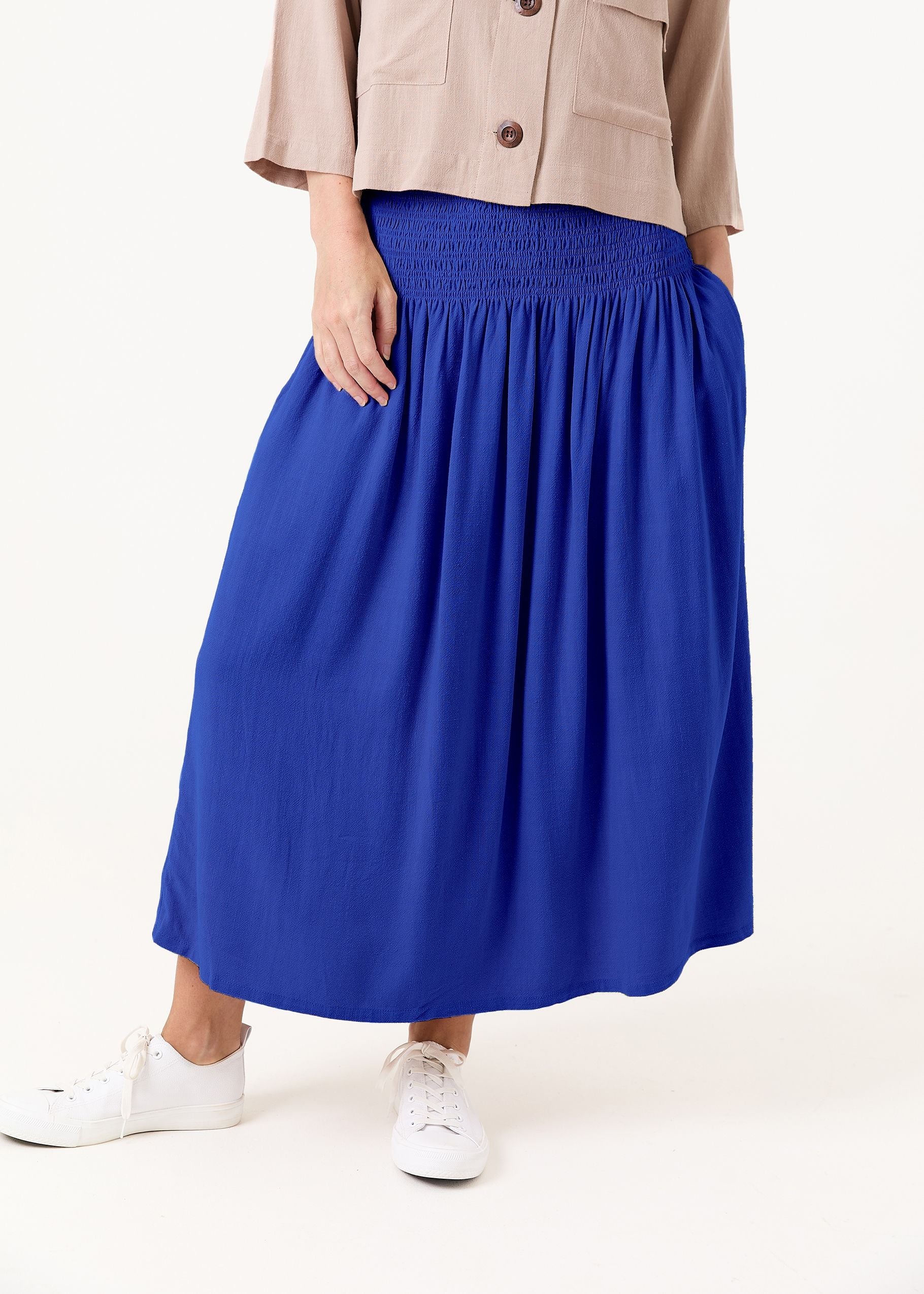 Linen Mix Shirred Waist A-Line Maxi Skirt - Royal Blue