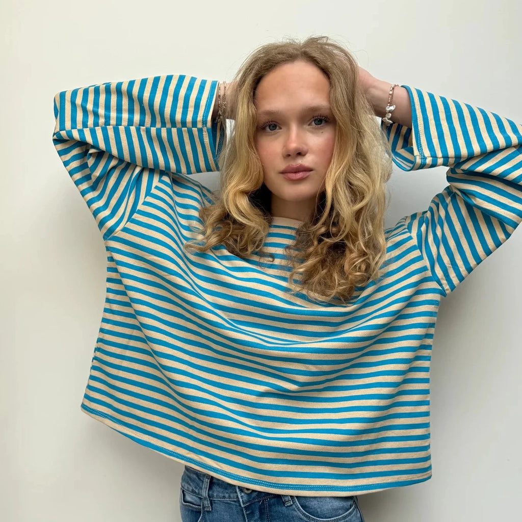 Anna Crewneck Stripe Top - Blue/Cream
