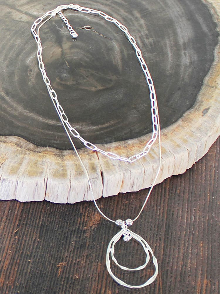 Silver Plated Two Strand Necklace with Double Ring Pendant