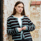 Boxy Crew Neck Stripe Cardigan - Chocolate/Blue - Simply Rye