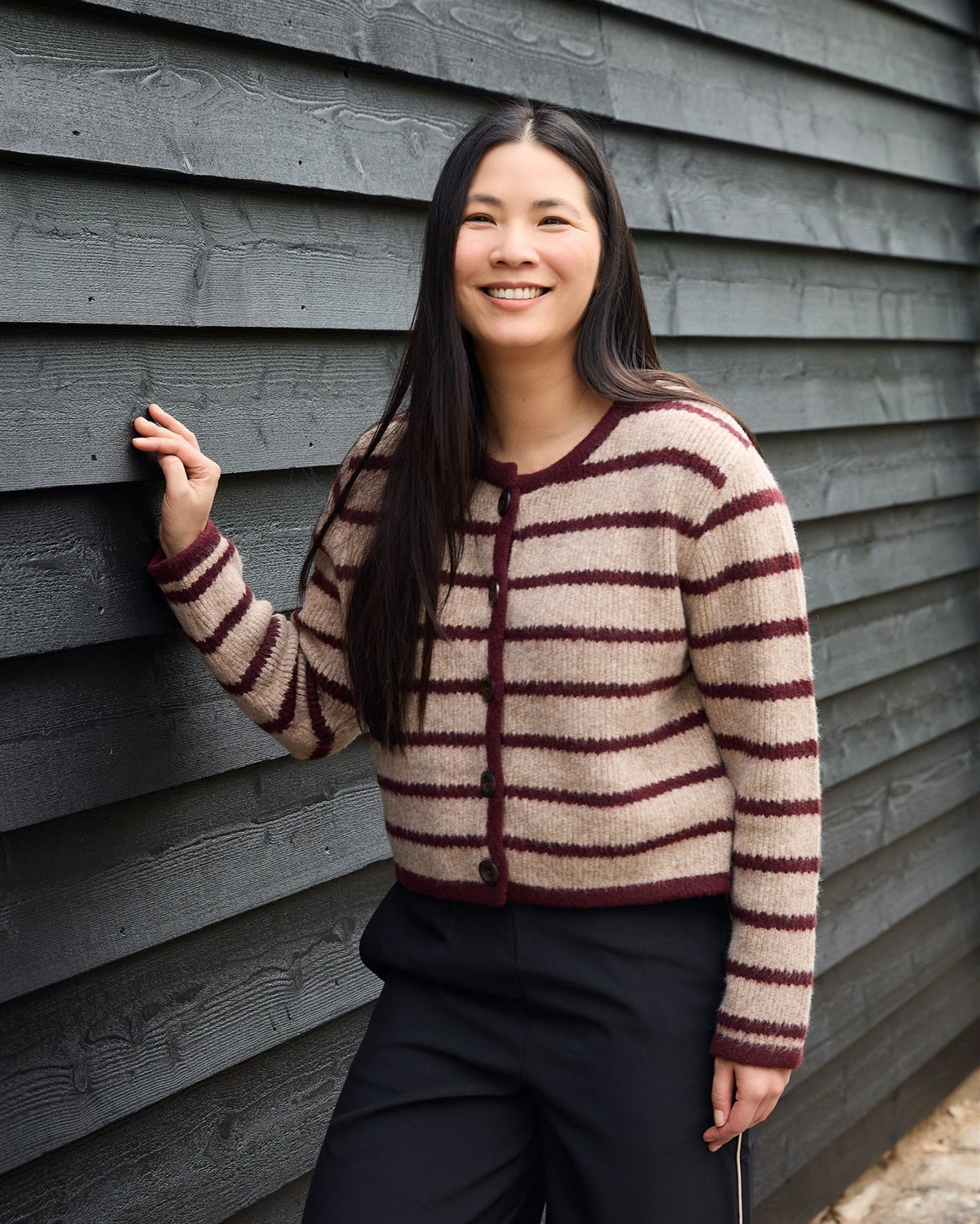 Boxy Crew Neck Stripe Cardigan - Mink/Burgundy - Simply Rye