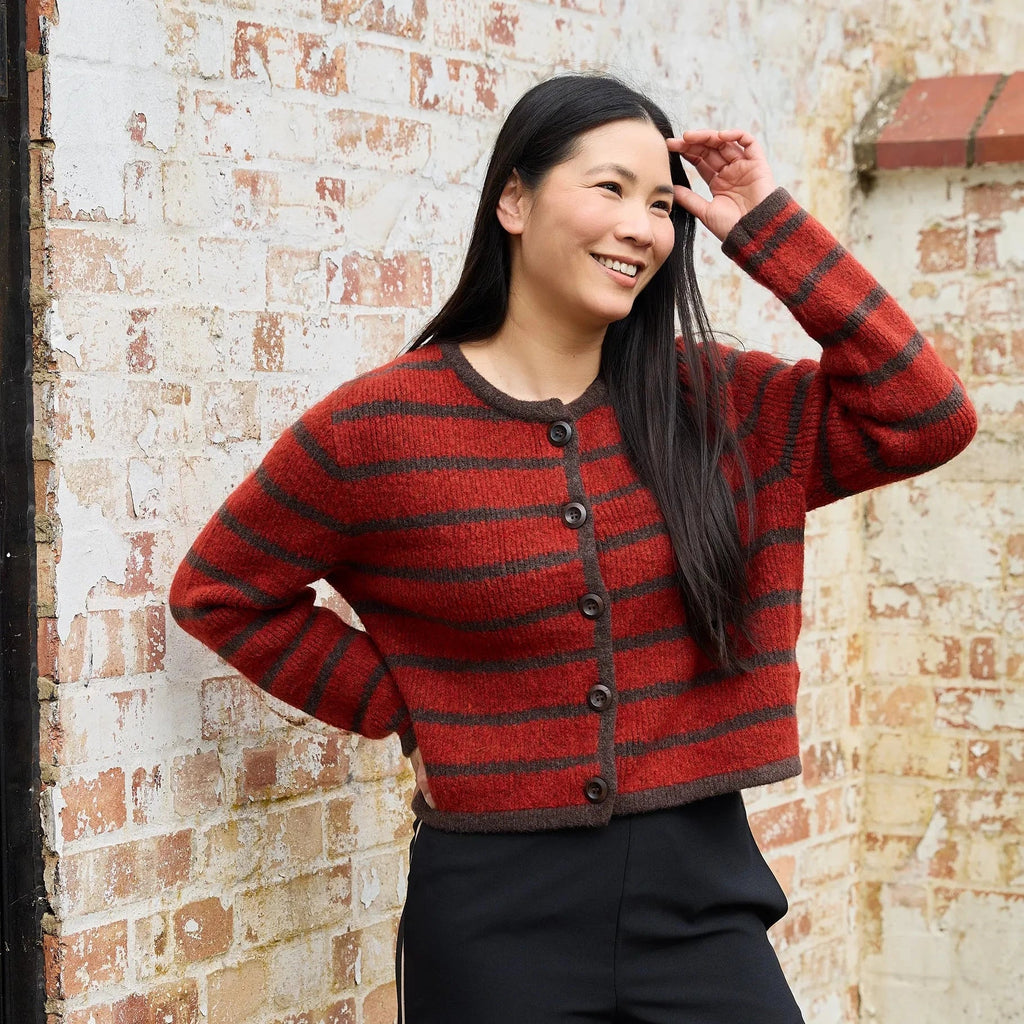 Boxy Crew Neck Stripe Cardigan - Rust/Chocolate - Simply Rye