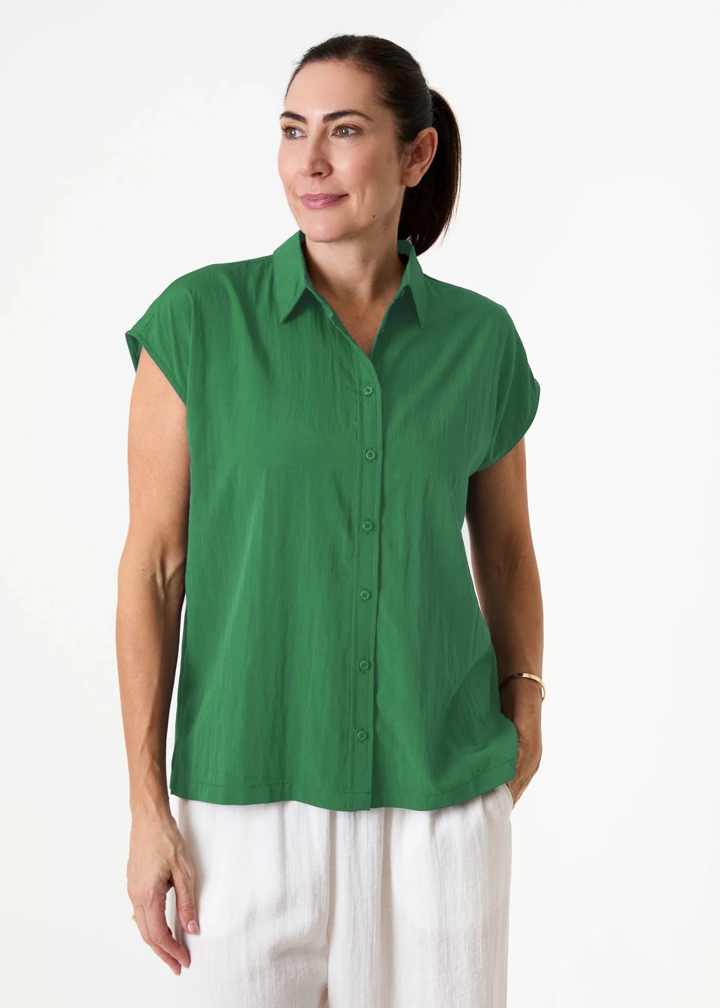 Cap Sleeve Button Through Shirt - Jade Green - Simply Rye