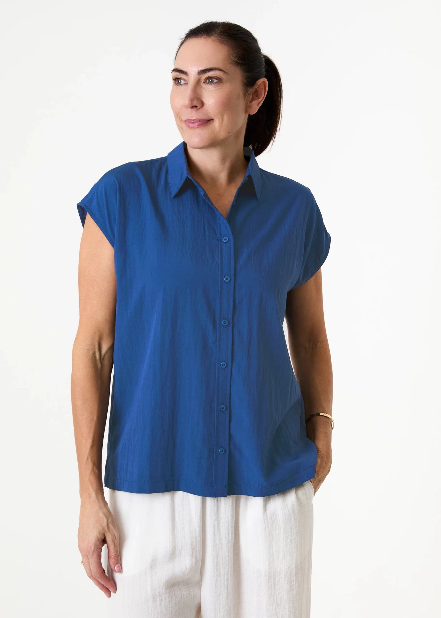 Cap Sleeve Button Through Shirt - Royal Blue - Simply Rye