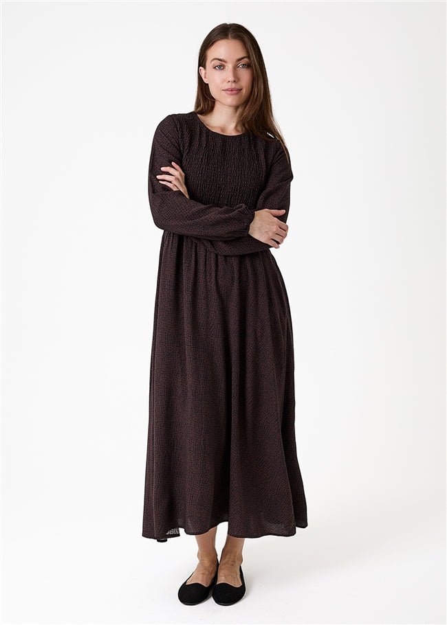 Cobbled Spot Shirring Dress - Chocolate - Simply Rye