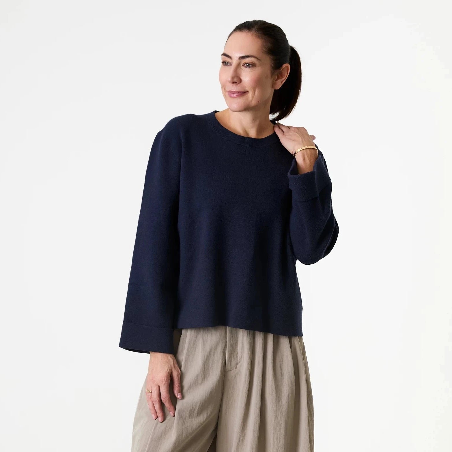 Crew Neck Bell Sleeve Jumper - Navy - Simply Rye