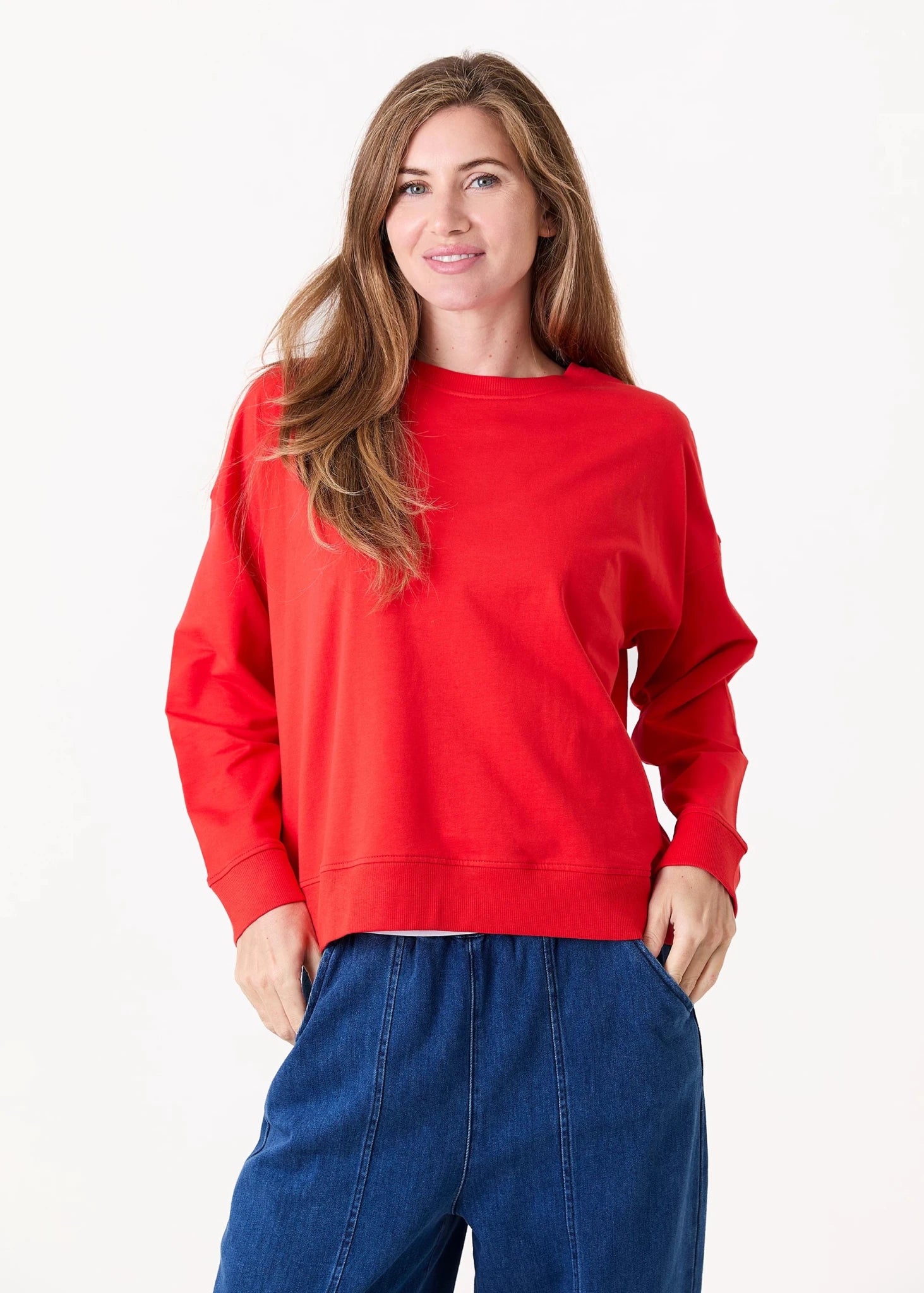 Crew Neck Drop Shoulder Sweatshirt - Poppy Red - Simply Rye