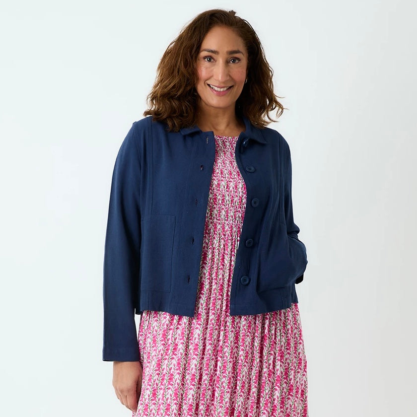 Linen Mix Patch Pocket Crop Jacket - Navy image 0