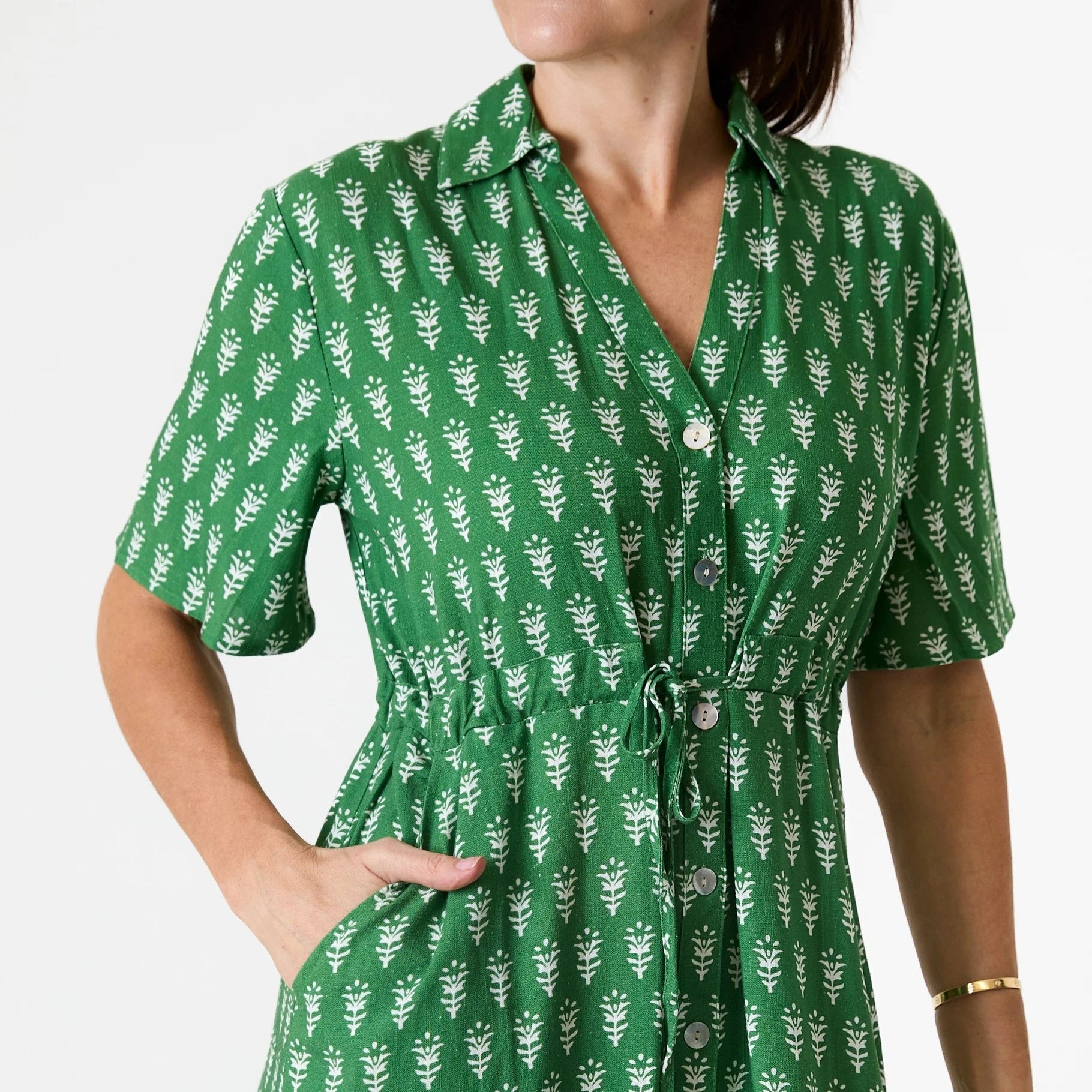 Dainty Floral Block Print Button Through Shirt Dress - Basil Green - Simply Rye
