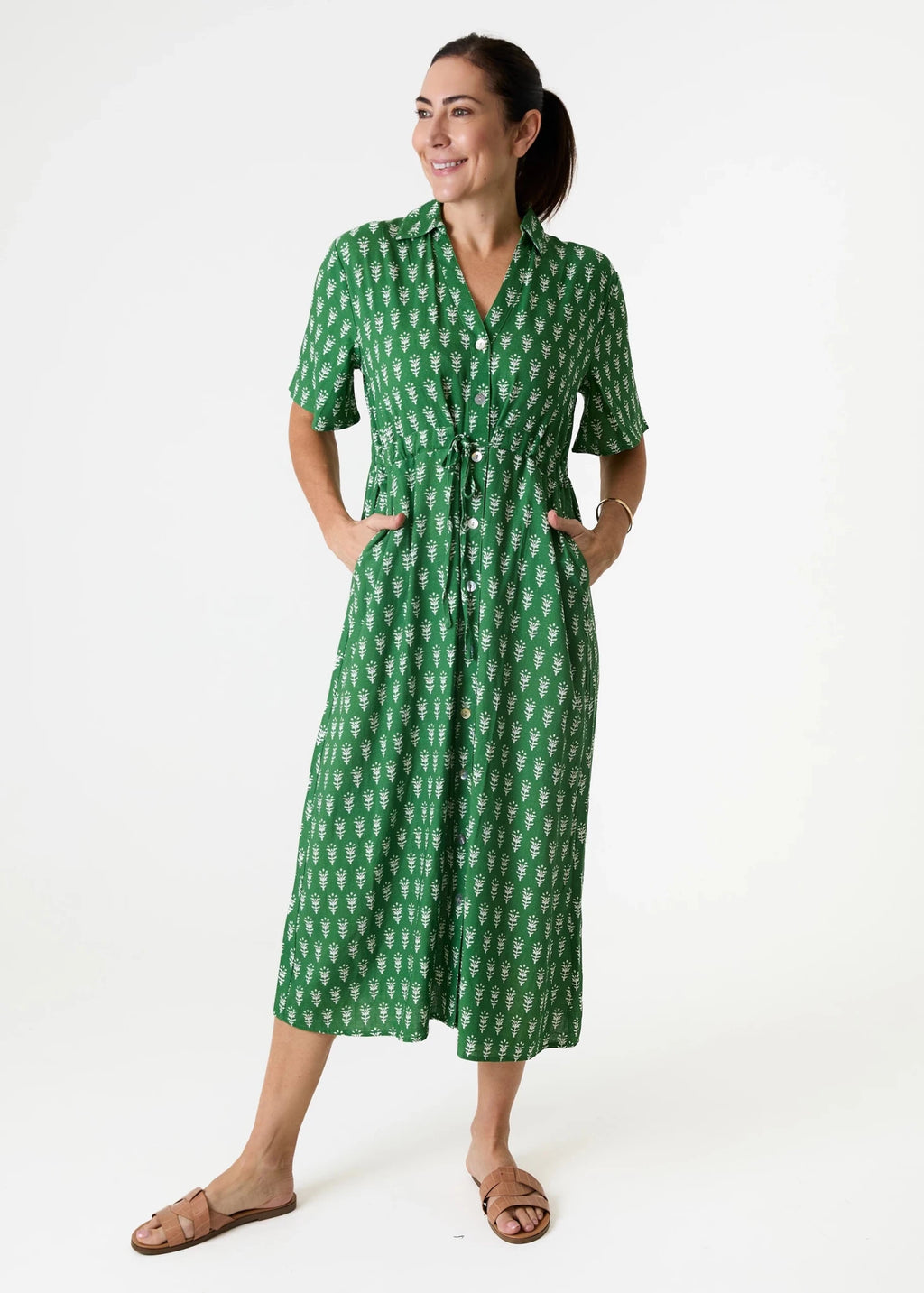 Dainty Floral Block Print Button Through Shirt Dress - Basil Green - Simply Rye