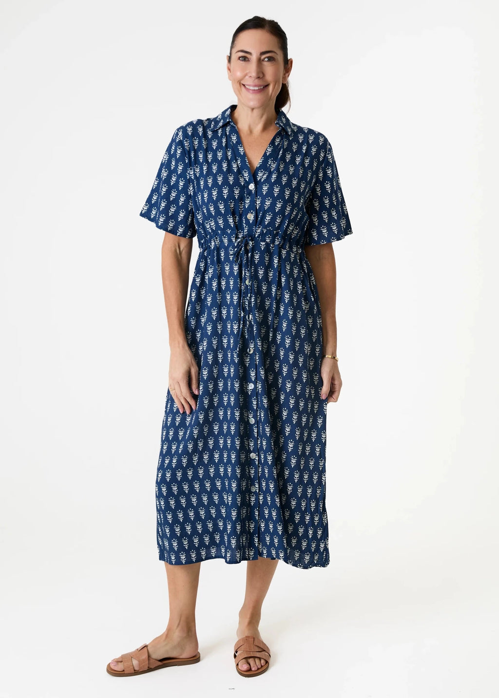 Dainty Floral Block Print Button Through Shirt Dress - Navy - Simply Rye