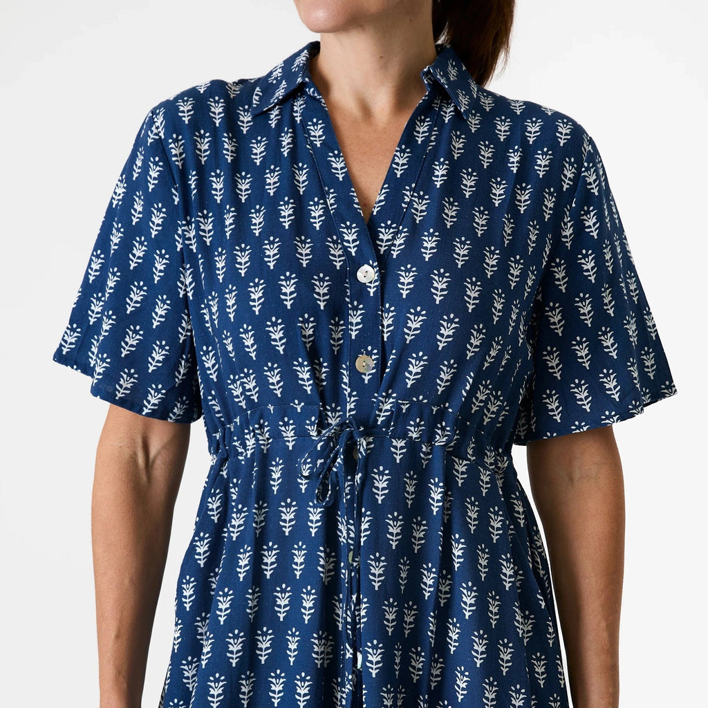Dainty Floral Block Print Button Through Shirt Dress - Navy - Simply Rye