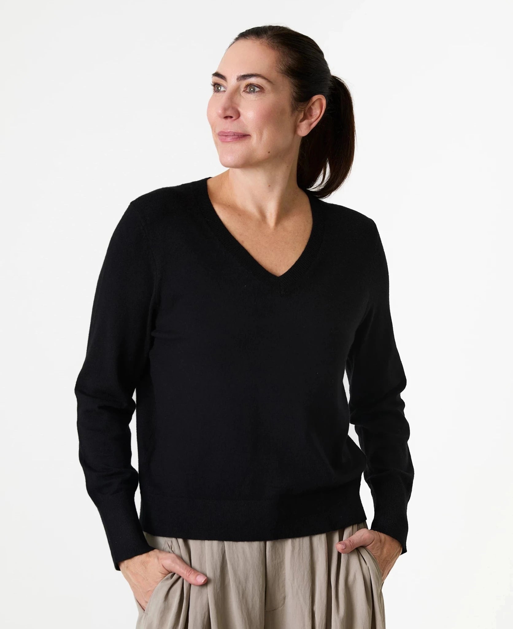 Deep Cuff Fitted V - Neck Jumper - Black - Simply Rye