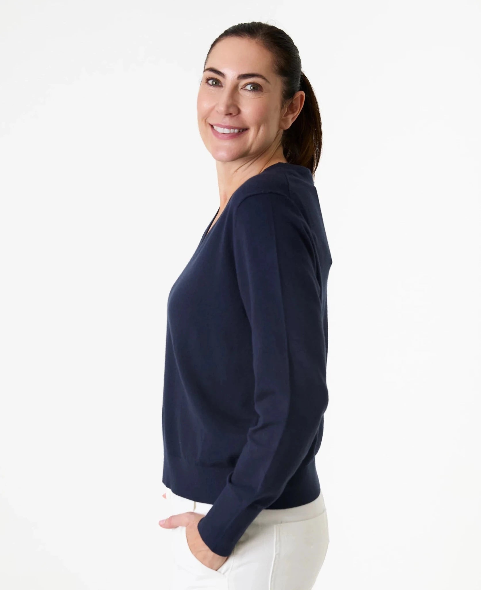 Deep Cuff Fitted V - Neck Jumper - Navy - Simply Rye