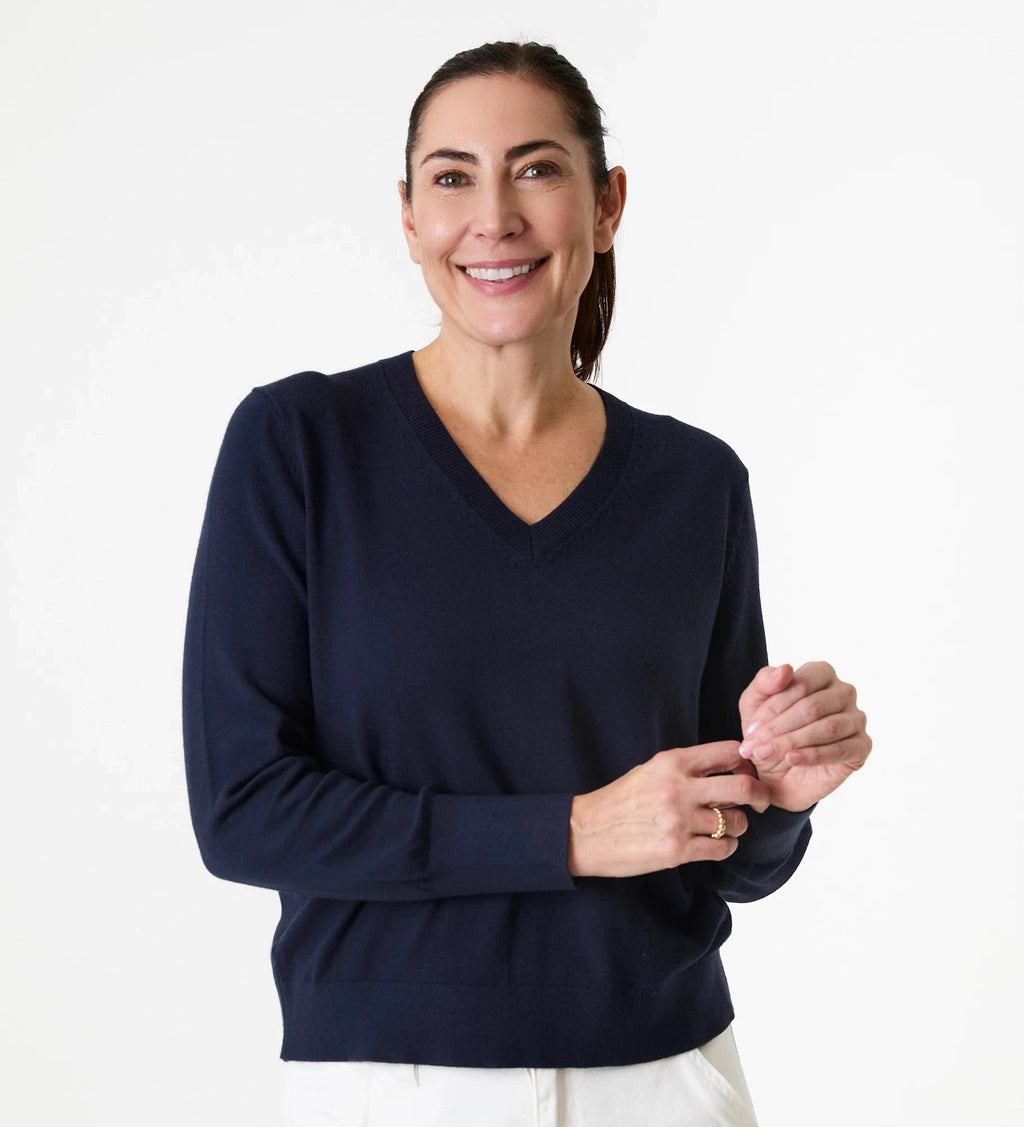 Deep Cuff Fitted V - Neck Jumper - Navy - Simply Rye