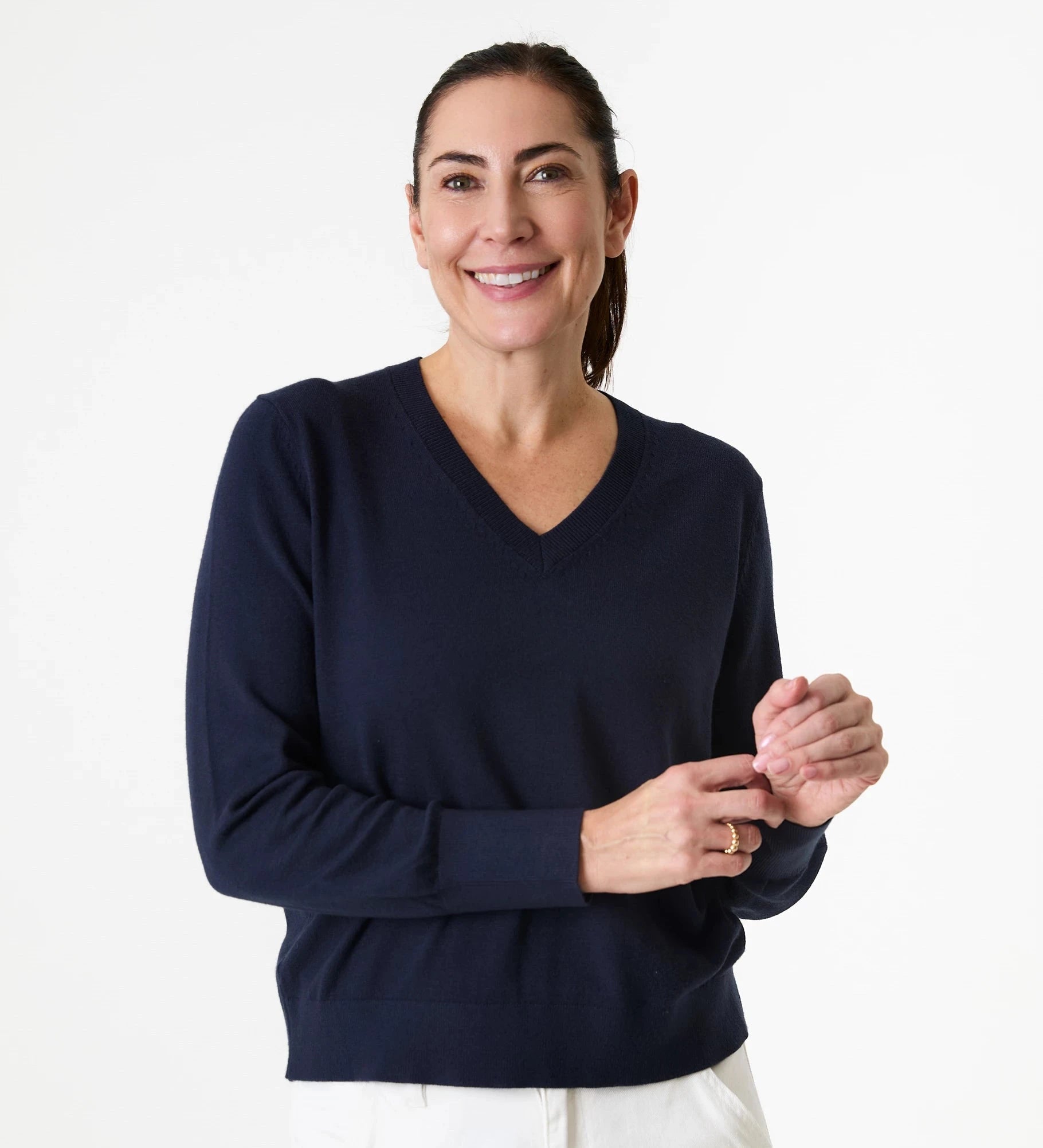 Deep Cuff Fitted V - Neck Jumper - Navy - Simply Rye