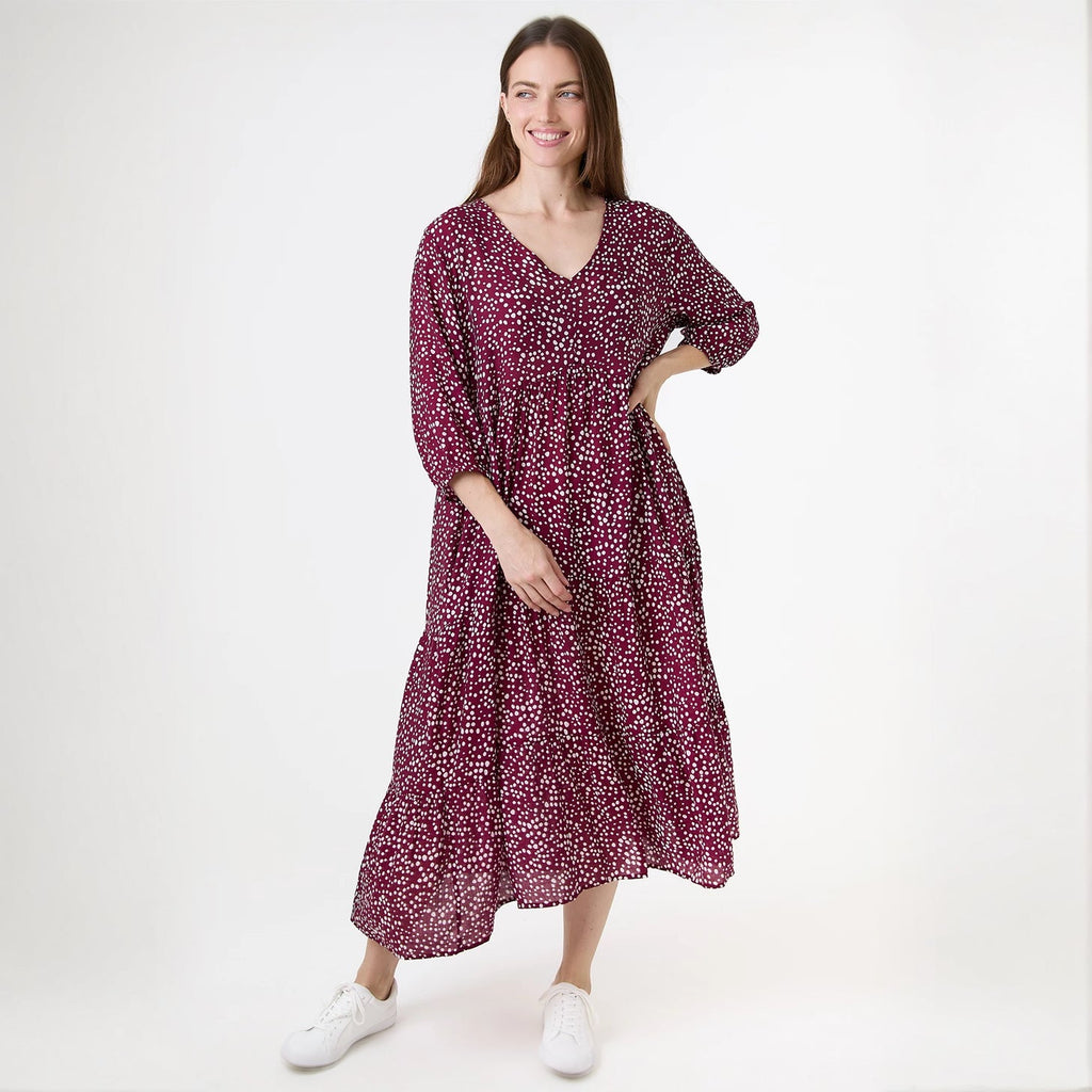 Ditsy Spot Tiered Dress - Berry - Simply Rye