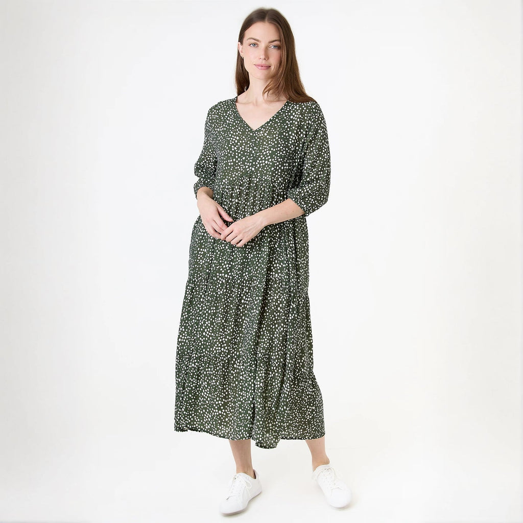 Ditsy Spot Tiered Dress - Khaki - Simply Rye