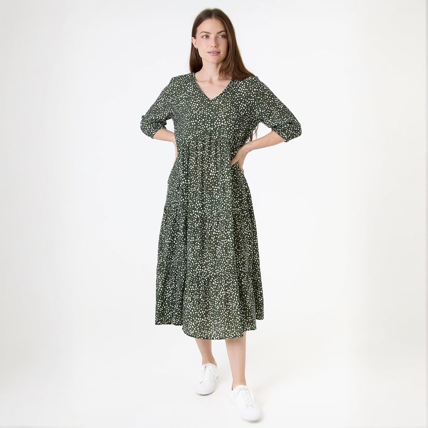 Ditsy Spot Tiered Dress - Khaki - Simply Rye