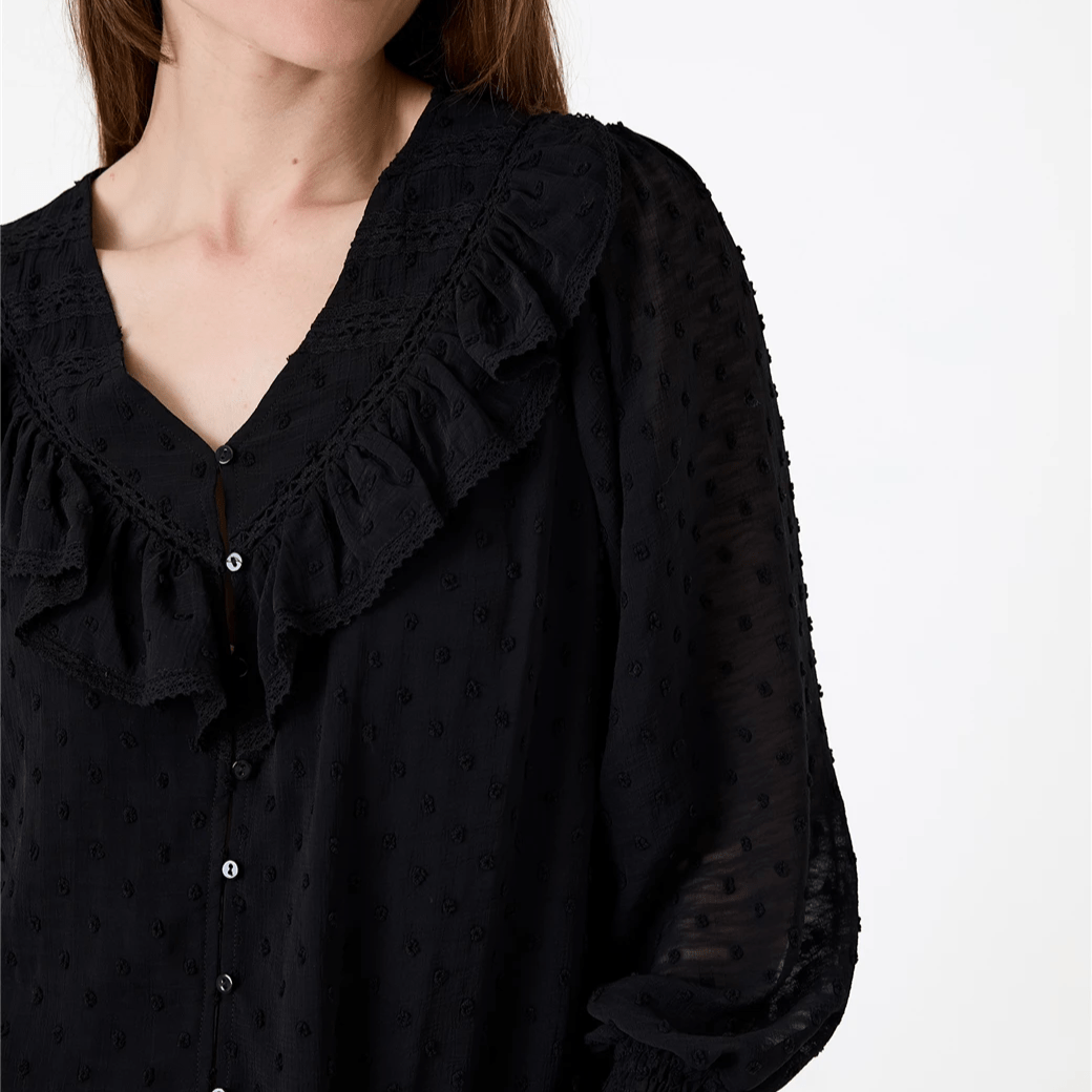 Dobby Frill V Neck Blouse - Black - Simply Rye