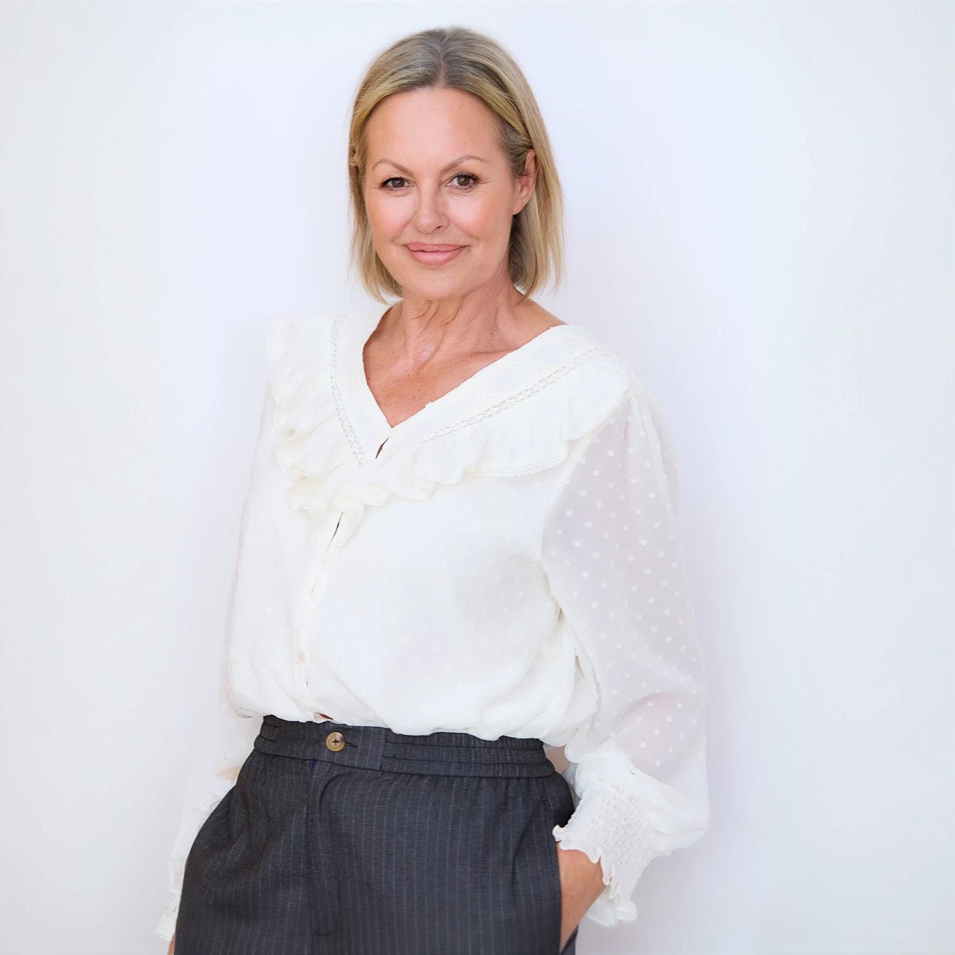 Dobby Frill V Neck Blouse - Ivory - Simply Rye