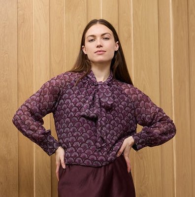 Fan Print Tie Neck Blouse - Merlot - Simply Rye