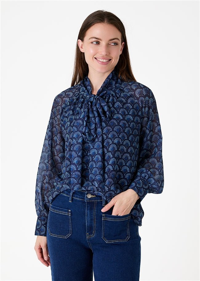 Fan Print Tie Neck Blouse - Navy - Simply Rye