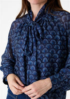 Fan Print Tie Neck Blouse - Navy - Simply Rye