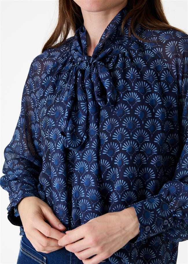 Fan Print Tie Neck Blouse - Navy - Simply Rye